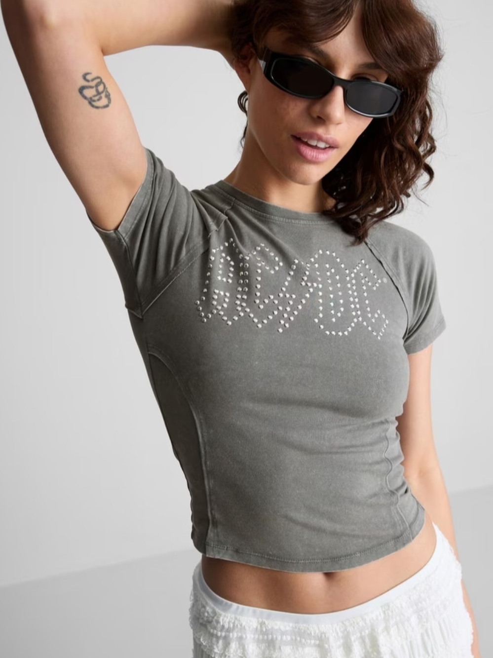 Primark AC/DC Diamanté Rhinestone Studded Y2K Baby Tee Gray M